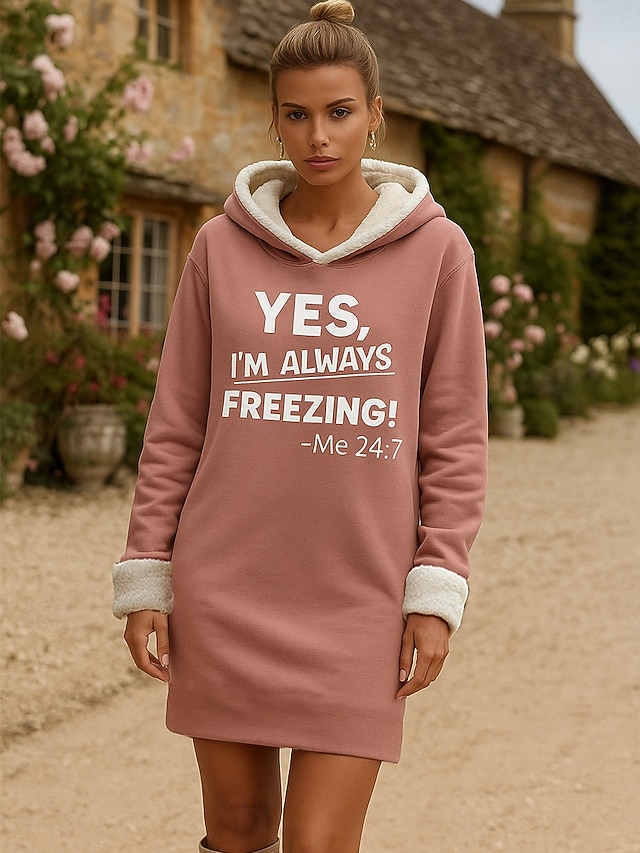  Damen Minikleid Shiftkleid Lässig Urlaub Heim Neujahr Lässiger Schnitt Grafik Buchstabe Langarm Mit Kapuze Schwarz Rosa Rote Herbst Winter