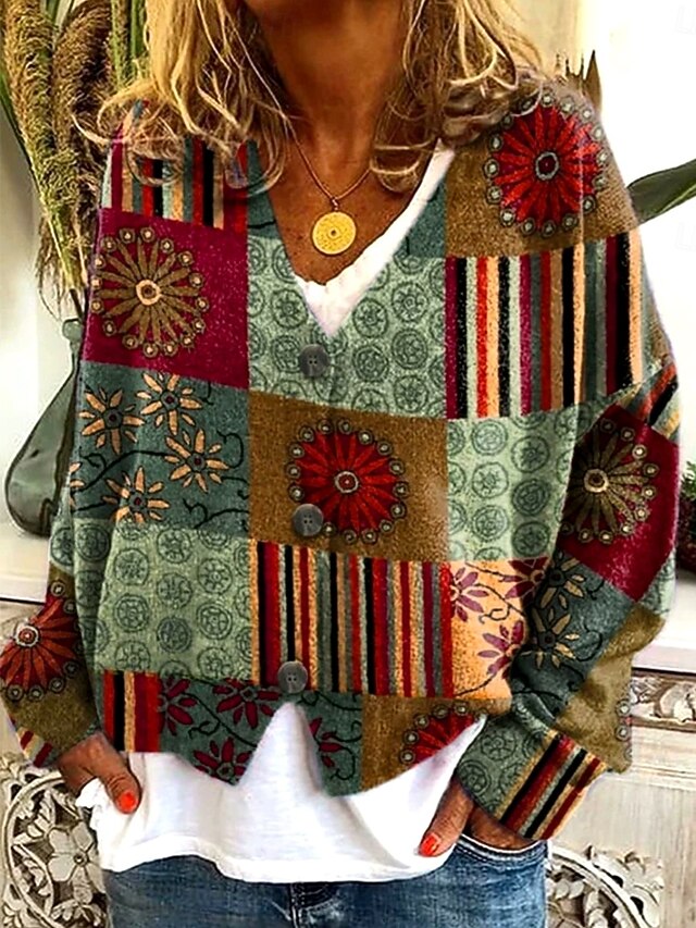 Women's Sweater Cardigan Elegant Vintage Fashion Floral Geometric Striped V Neck Patchwork Pocket Knitted Long Sleeve Regular Tops Knit Outdoor Daily Weekend Wine Red Brown Fall Winter4