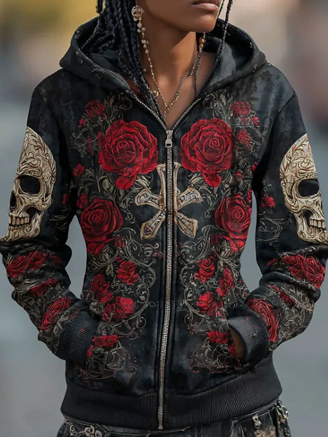 Halloween Women's Zip Up Hoodies Skulls Graphic Rose Fashion Casual Long Sleeve Hooded Regular Tops Street Dailywear Casual Zipper Pocket Print Red Purple Green Spring Fall4