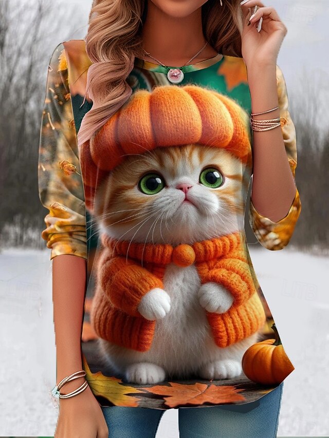 Halloween Women's T Shirt Graphic Animal Cat Vintage Cute Stylish Long Sleeve Crew Neck Round Neck Regular Tops Daily Print Black Light Brown Orange Summer Spring Fall4