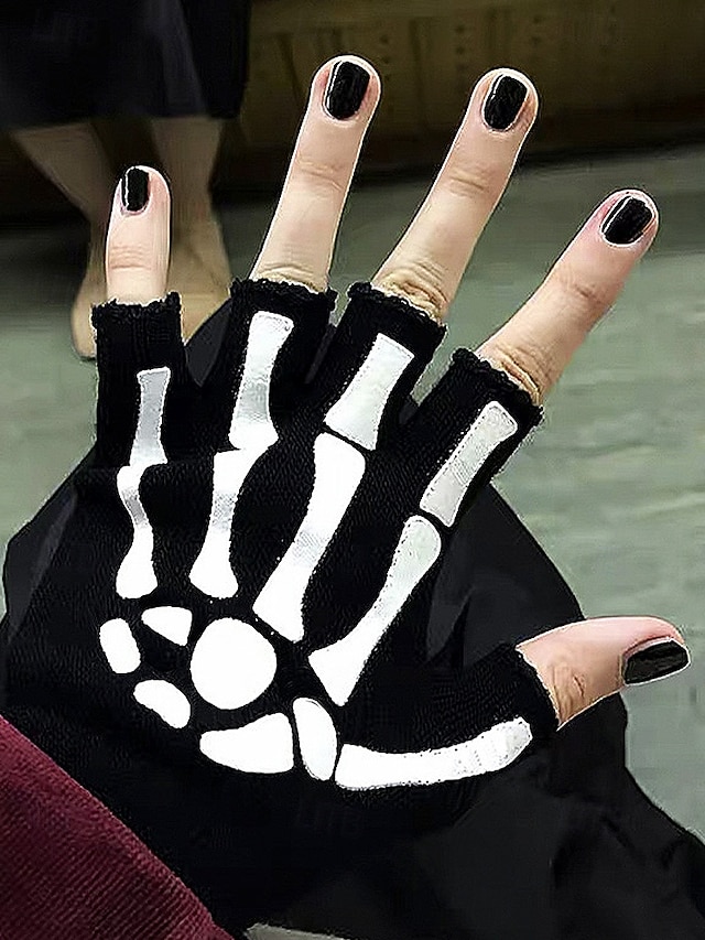 メンズハロウィンスケルトン指なし手袋 - 伸縮性のあるフリース素材の滑り止めニットミトン。コスプレ、パーティー、アウトドアウェアに最適。