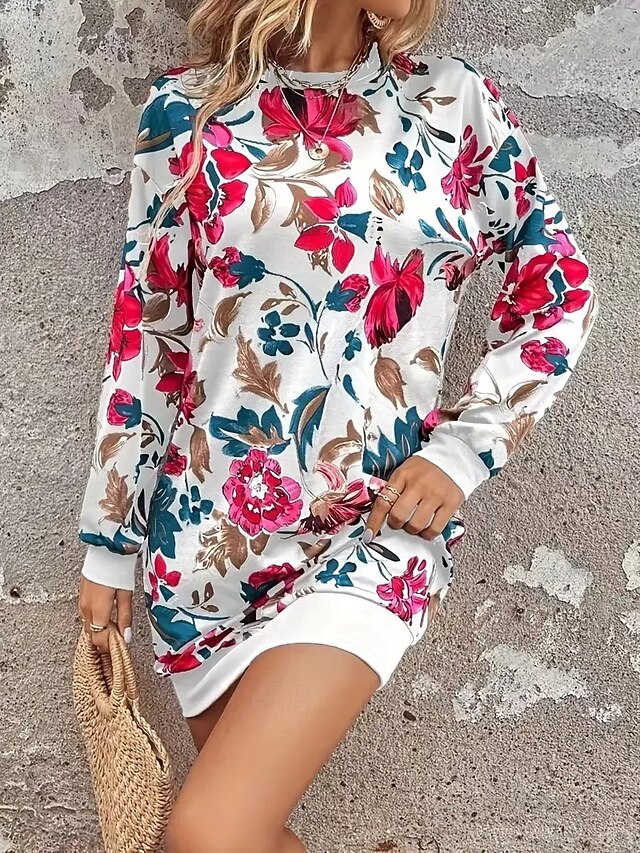  Dame Sort Hvid Efterår Vinter Mini kjole Skift Kjole Atletisk kjole Ferie Afslappet udendørs Ferierejse Hjem Regulær Blomstret Geometrisk Ternet Rund hals