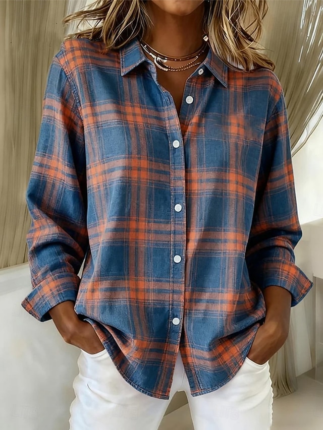  Жен. Рубашка Блуза Пэчворк Пуговицы С принтом В клетку На каждый день Длинный рукав Рубашечный воротник Обычные топы Повседневные Синий Черный Розовый Красный Пыльно-синий Осень Зима