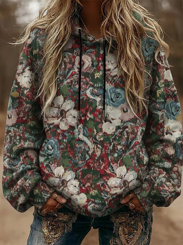 Women's Pullover Hoodies Floral Vintage Streetwear Casual Long Sleeve Hooded Regular Tops Dailywear Casual Sports Drawstring Pocket Print Green Spring Fall4