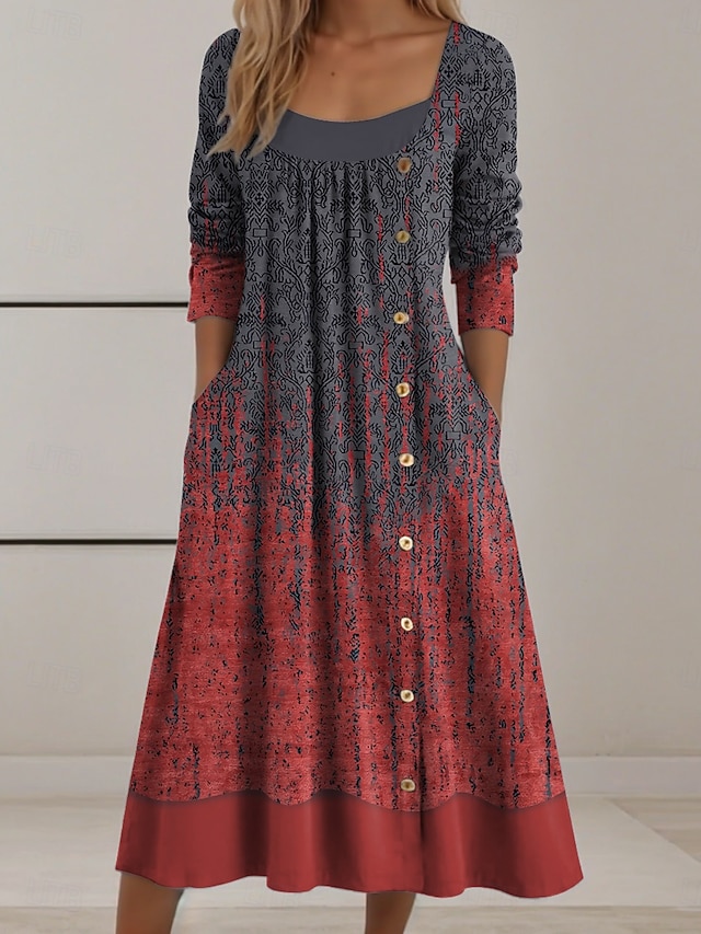  בגדי ריקוד נשים שמלת מידי שמלת שיפט יום יומי יומי רגיל גראפי גיאומטרי שרוול ארוך צווארון מרובע אודם פול סגול תלתן סתיו חורף