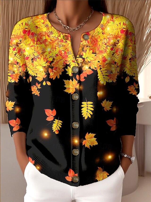 Women's Cardigan Fashion Daily Casual Floral Graphic Ribbed Crew Neck V Neck Buttons Print Long Sleeve Regular Tops Knit Outdoor Daily Date Yellow Spring Fall4