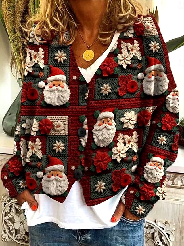 Women's Sweater Cardigan Elegant Vintage Fashion Floral Tree Santa Claus Crew Neck V Neck Pocket Knitted Print Long Sleeve Regular Tops Knit Outdoor Daily Weekend Wine Red Red Fall Winter4