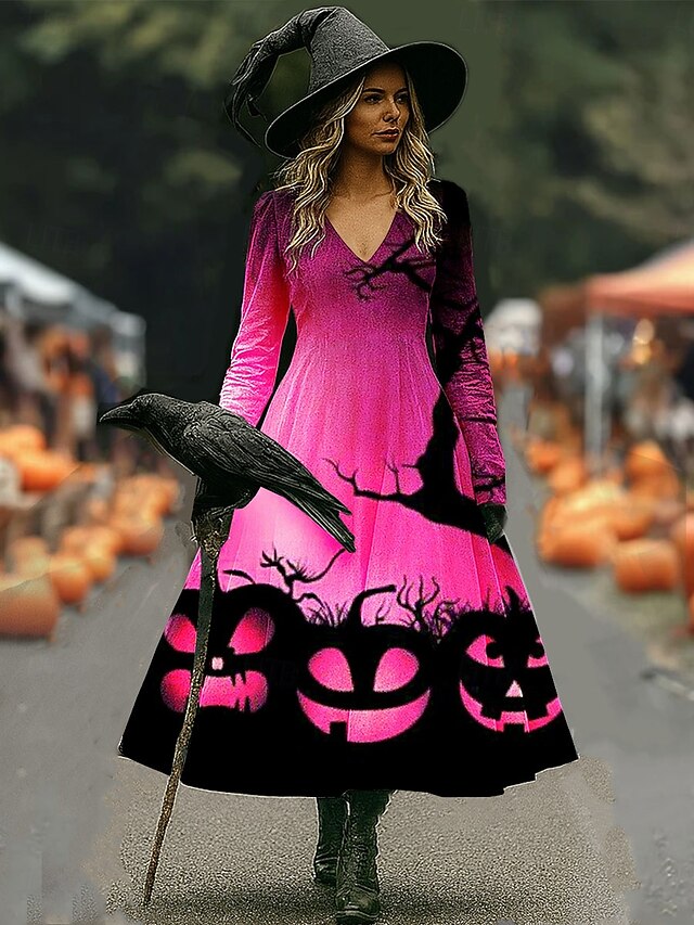 Halloween Women's Witch Print Midi Dress A Line Dress Vacation Casual Wedding Party Birthday Regular Fit Graphic 3/4 Length Sleeve V Neck Pink Blue Orange Spring Fall4