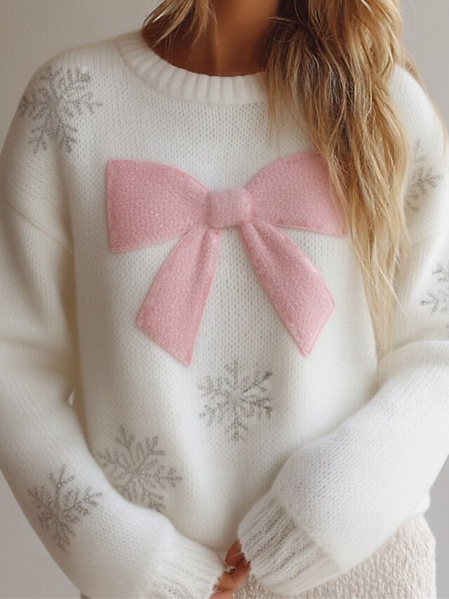 Women's Sweater Pullover Daily Casual Graphic Snowflakes Ribbed Crew Neck Knitted Print Long Sleeve Regular Tops Knit Outdoor Weekend White Fall Winter4