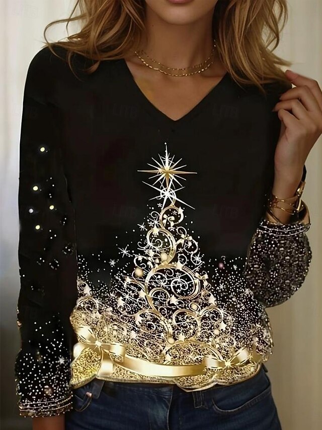 Christmas Women's T Shirt Graphic Christmas Tree Vintage Stylish Classic Long Sleeve V Neck Regular Tops Daily Print Black Spring Fall Winter3