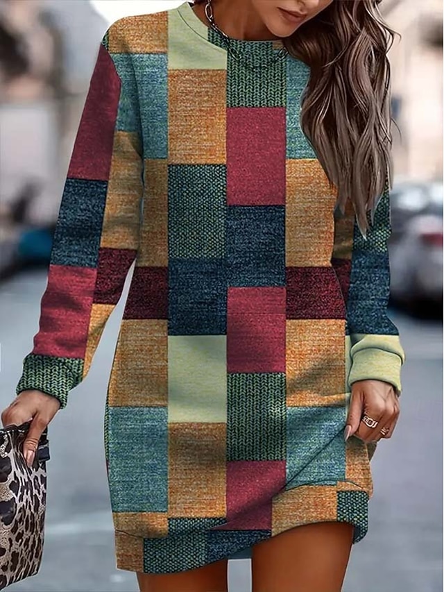  Dam Mini klänning Tröjklänning Skiftklänning party Ledigt Boho Skola Utomhus Hem Normal Blommig Grafisk Geometrisk Långärmad Rund hals Purpur Orange Grön Vår Höst Vinter