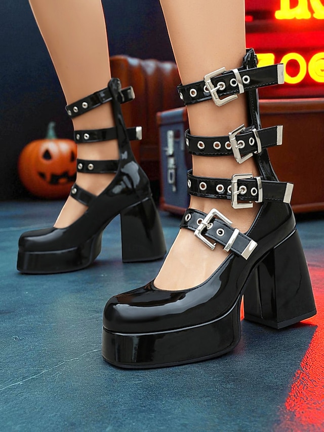  női gótikus punk fekete műlakk platform Mary Jane magassarkú - többcsatos pántos blokkcipők halloweeni jelmezekhez, cosplayhez és esti partikhoz