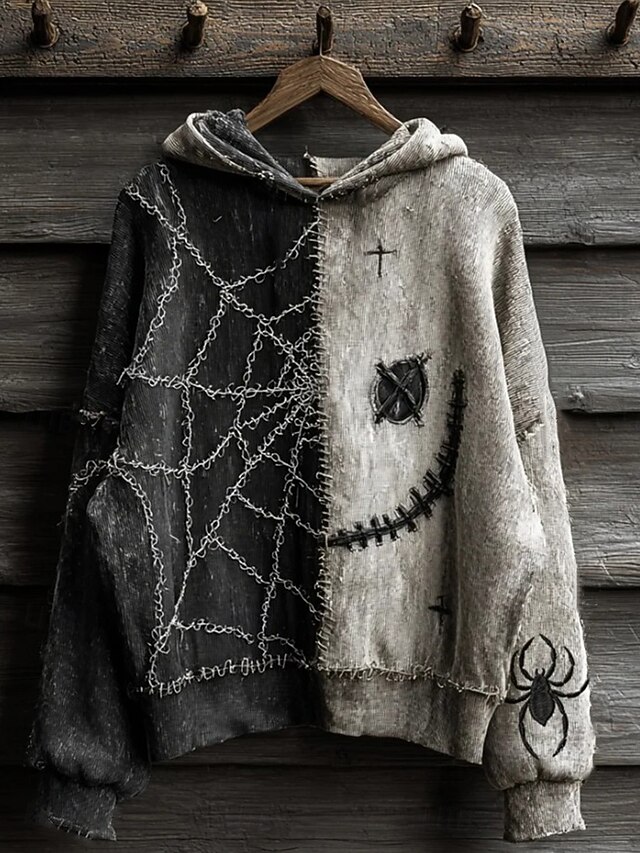 Women's Pullover Hoodie Sweatshirt Graphic Monster Casual Long Sleeve Hooded Regular Tops Party Evening Wear Street Dailywear Patchwork Dark Gray Spring Fall Winter2