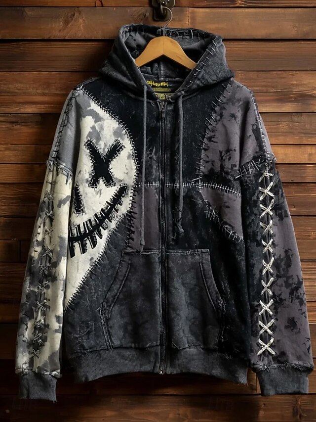 Women's Zip Up Hoodies Graphic Skull Pumpkin Punk Fashion Retro Long Sleeve Hooded Regular Tops Street Dailywear Casual Patchwork Zipper Pocket Black Fall Winter2