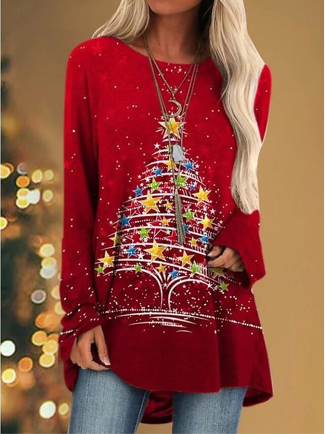 Christmas Women's T Shirt Graphic Santa Claus Christmas Tree Vintage Stylish Classic Long Sleeve Crew Neck Round Neck Long Tops Daily Going out Weekend Print Black Red Gray Spring Fall Winter4