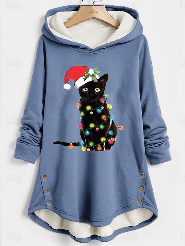  Felpa con cappuccio donna gatti grafica animale caldo casual morbido maniche lunghe cappuccio lunghi tops casual sport stampa rosa blu grigia autunno inverno