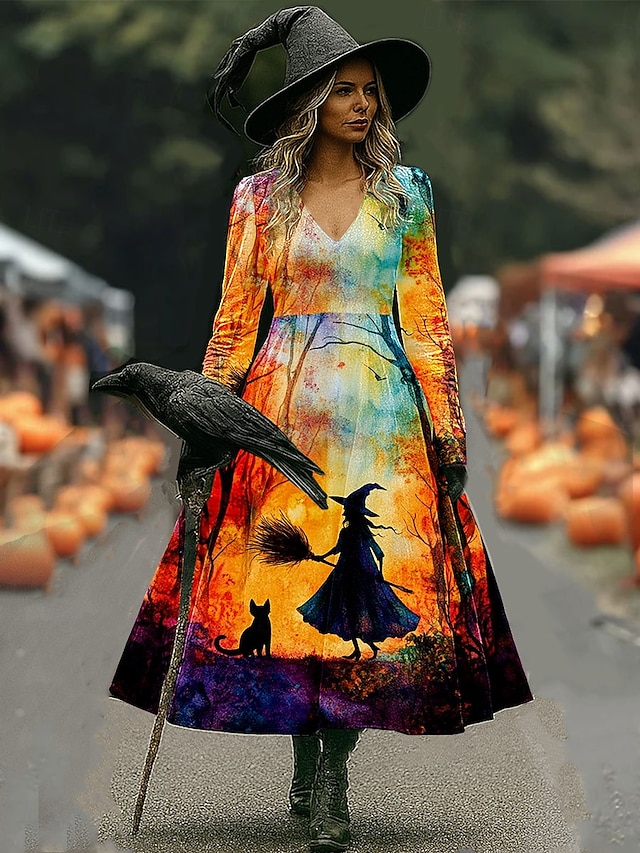  Halloween Női Boszorkány Nyomás Midi Ruha A-vonalú Ruha Vakáció Hétköznapi Esküvői Party Születésnapi Normál Illeszkedés Virágos Grafikával Rózsa 3/4-es Hosszú Ujjú V Nyakú Sárga Rózsaszín Kék