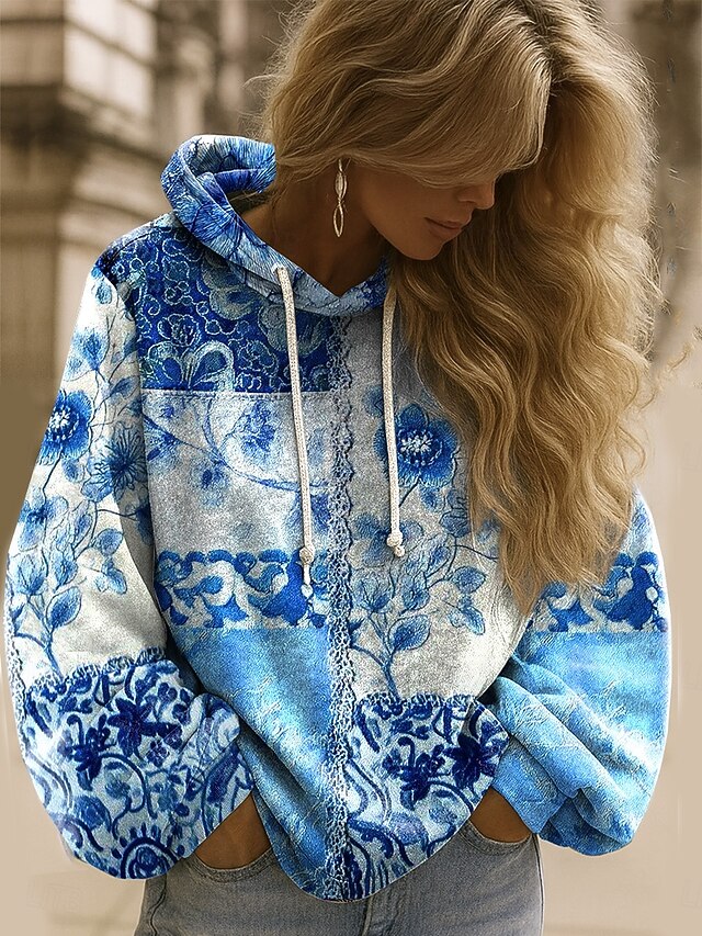 Women's Pullover Hoodie Sweatshirt Floral Graphic Elegant Warm Active Long Sleeve Hooded Regular Tops Street Dailywear Casual Patchwork Print Blue Dark Blue Light Blue Spring Fall Winter4