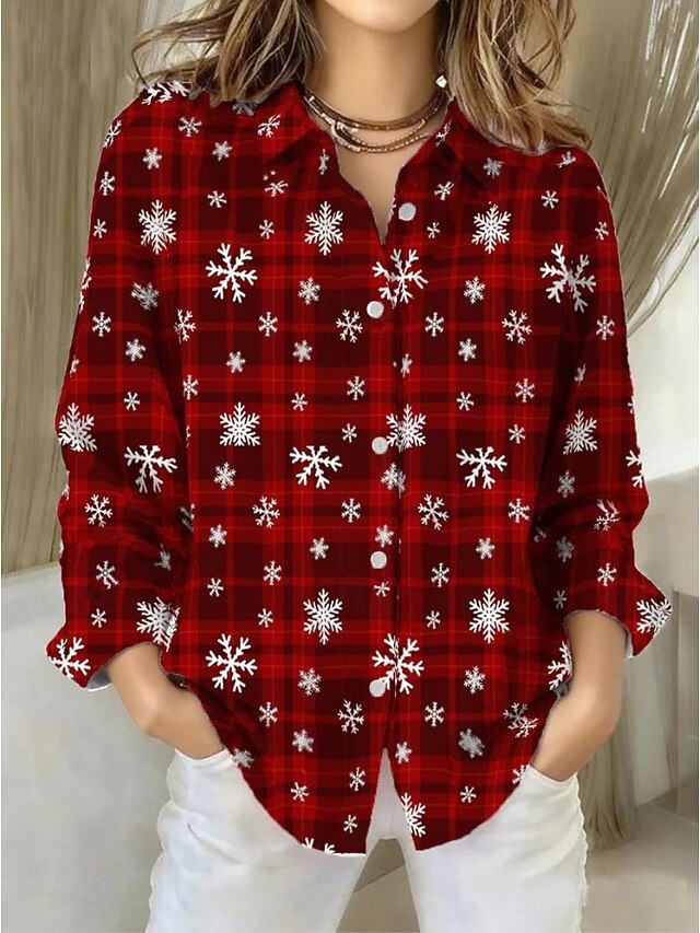 Christmas Women's Shirt Blouse Graphic Geometric Vintage Tropical Stylish Long Sleeve Shirt Collar Regular Tops Daily Patchwork Buttons Print Wine Red Beige Fall Winter4