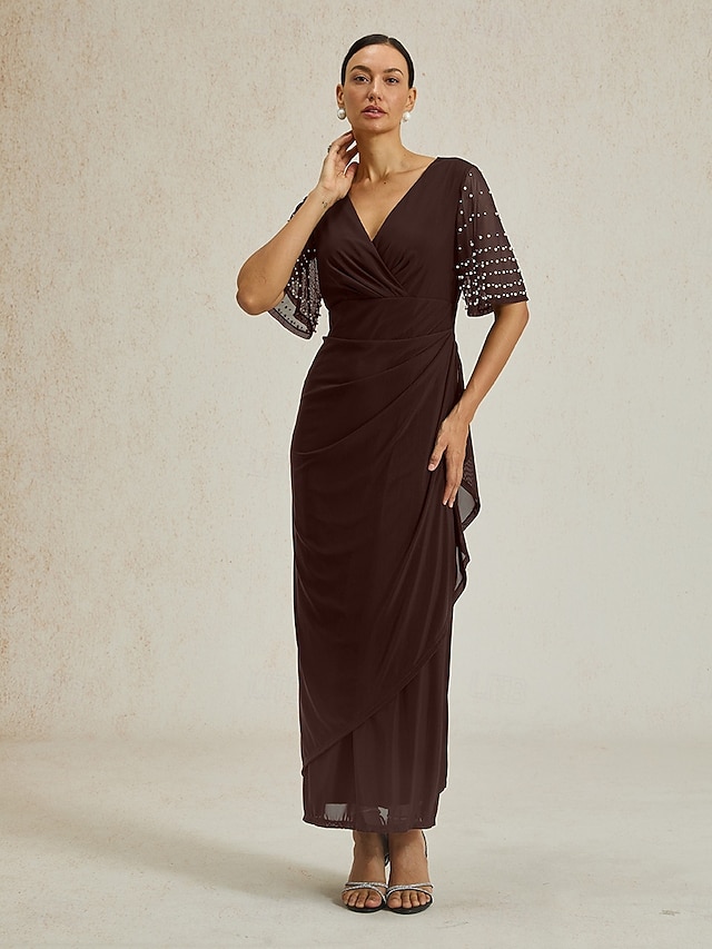  Dámské Maxi šaty Plášťové šaty Elegantní Pevná barva Krátký rukáv Do V Hnědá Léto Jaro Podzim