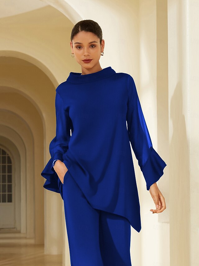 Women's Royal Blue Solid Chiffon Tencel Roma Patchwork Ruffle Three Quarter Sleeve Stand Collar Blouse4