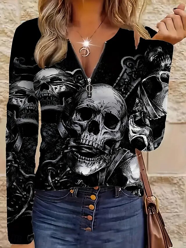 Halloween Women's T Shirt Graphic Skull Fashion Casual Long Sleeve Crew Neck Round Neck Regular Tops Daily Zipper Print Black Spring Fall Winter4