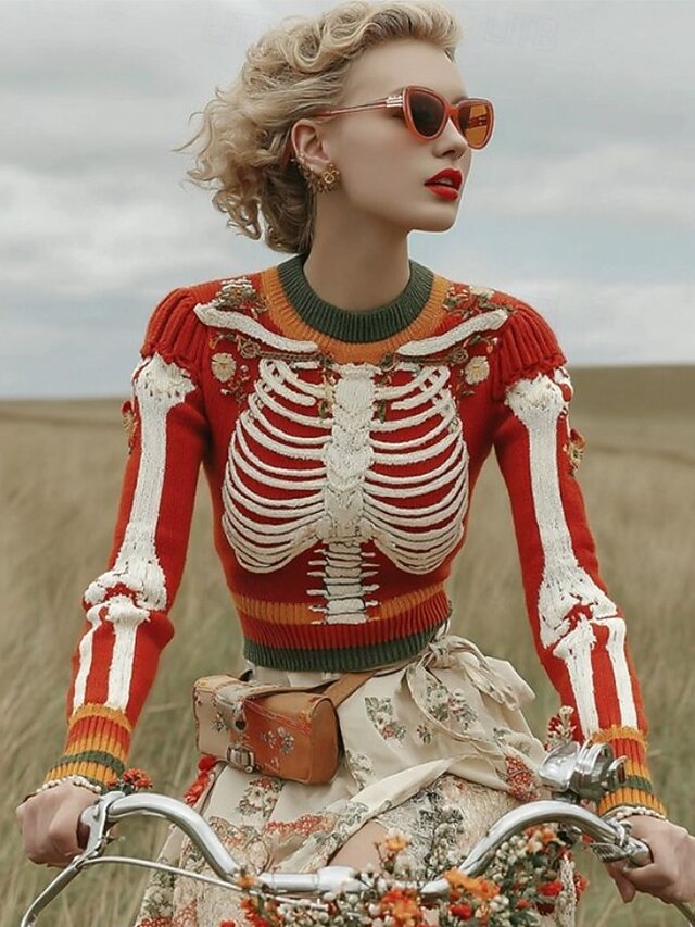 Halloween Women's Sweater Skeleton  Fashion Casual Graphic Skeleton Crew Neck Knitted Long Sleeve Regular Tops KnitRed Blue Fall Winter3