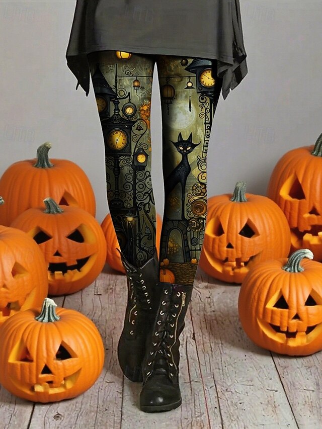 Women's Leggings Cozy Leggings Vacation Basic Casual Full Length High WaistPantsHalloween Cat Printing Thermal Warm Comfortable Stretchy Vacation Casual Daily Green Fall Winter Slim Fit4