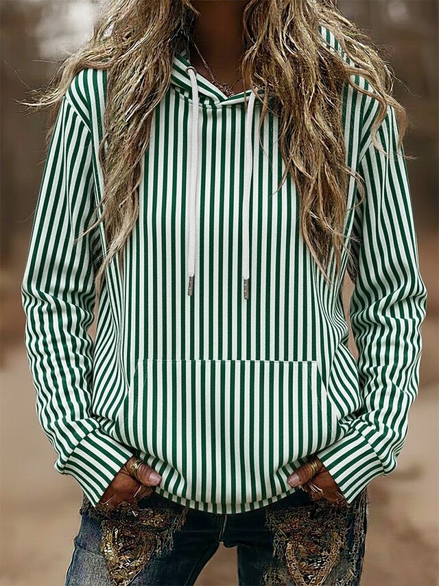 Women's Pullover Hoodies Striped Fashion Streetwear Casual Long Sleeve Hooded Regular Tops Dailywear Casual Sports Drawstring Pocket Print Black Blue Green Spring Fall4