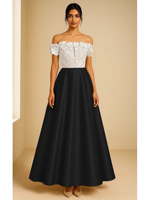  А-силуэт Вечернее платье Элегантный стиль Торжественное платье Официальные Свадьба В пол С короткими рукавами С открытыми плечами Сатин с Вышивка Аппликации 2025