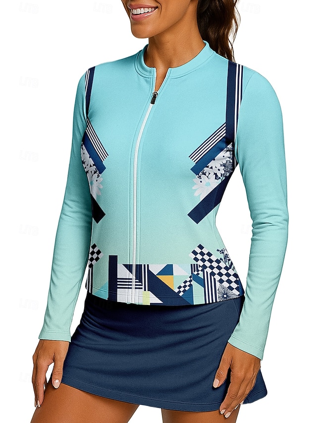  Mulheres Geométrica Gradiente Camisa Esportiva Camisa de tênis Top de tênis Manga Longa Zíper Floral UPF50+ Resistente a UV Elasticidade Alta Pavio Humido Respirável Voleibal Tênis Golfe Decote