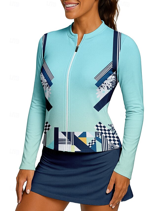 Women's Geometric Gradient Sport Shirt Tennis Shirt Tennis Top Long Sleeve Zipper Floral UPF50+ UV Resistant High Elasticity Moisture Wicking Breathable Volleyball Tennis Golf Round Neck Stand Collar4