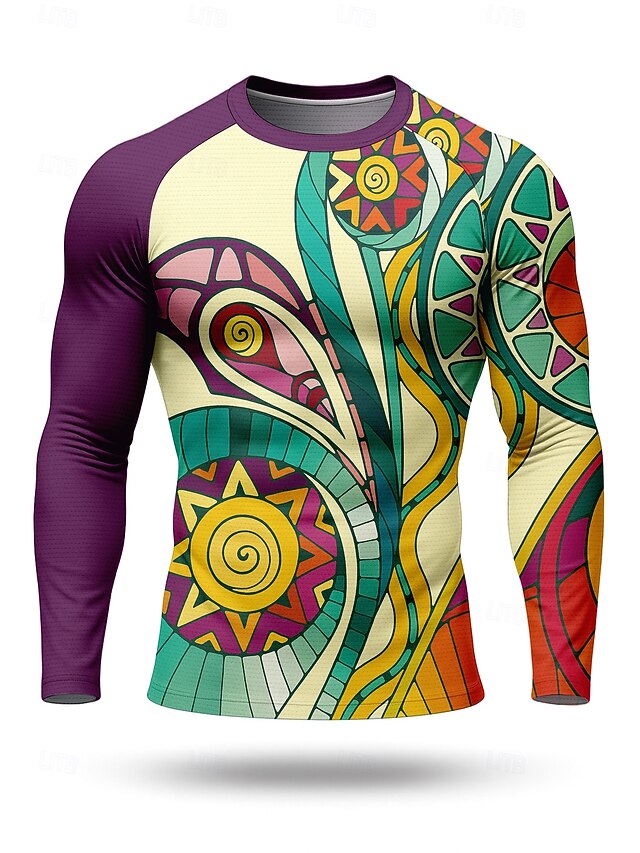 Men's Compression Shirt Running Shirt 3D Print Long Sleeve Base Layer Geometric Quick Dry Compression Power Flex Moisture Wicking Gym Workout Active Training Cycling Sportswear Activewear Purple4