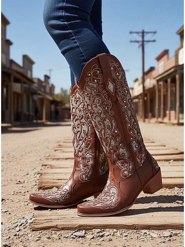  Women's Mid Calf Boots Vintage-Style White Western Cowboy Boots with Embroidery and Rhinestone Accents for Festivals and Everyday Wear