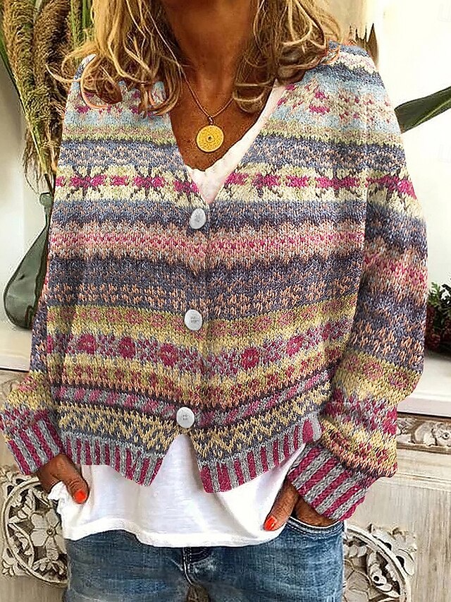 Women's Sweater Cardigan Casual Soft Geometric Color Block Ribbed V Neck Knitted Long Sleeve Regular Tops Knit Christmas Outdoor Daily Pink Dark Green Fall Winter4