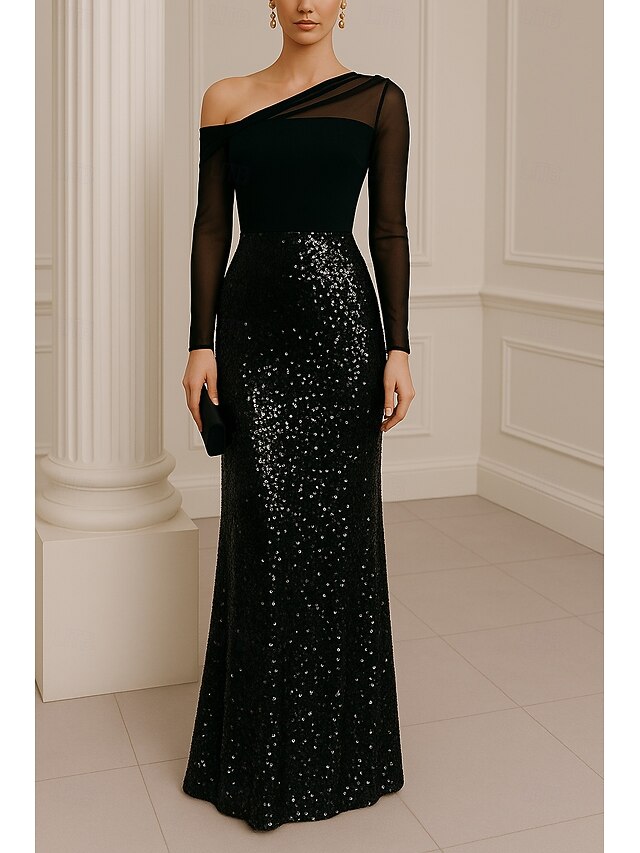 Black Gown A-Line Evening Gown Elegant Formal Dress Formal Wedding Floor Length Long Sleeve Off Shoulder Pocket Sequined with Glitter Pleats 20254