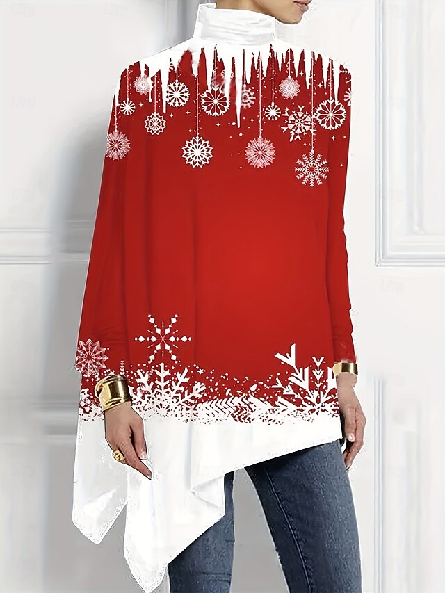 Christmas Women's T Shirt Graphic Snowflake Fashion Casual Long Sleeve Turtleneck Regular Tops Daily Print Asymmetrical Red Winter4