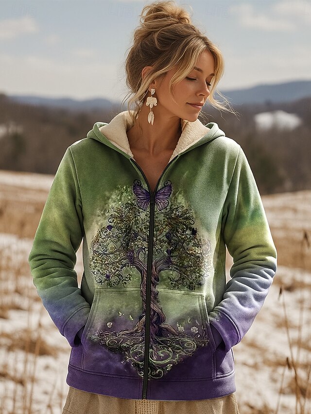 Women's Winter Jacket Fleece Jacket Warm Lightweight Print Fleece Lined Vintage Daily Boho Vintage Floral Vacation Casual Short Hooded Regular Fit Long Sleeve Outerwear Green Fall Winter3