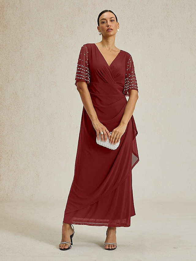  Dámské Maxi šaty Plášťové šaty Elegantní Svatební host Večerní oslava Koktejlový večírek Běžný Pevná barva Krátký rukáv Do V Rubínově červená Léto Jaro Podzim