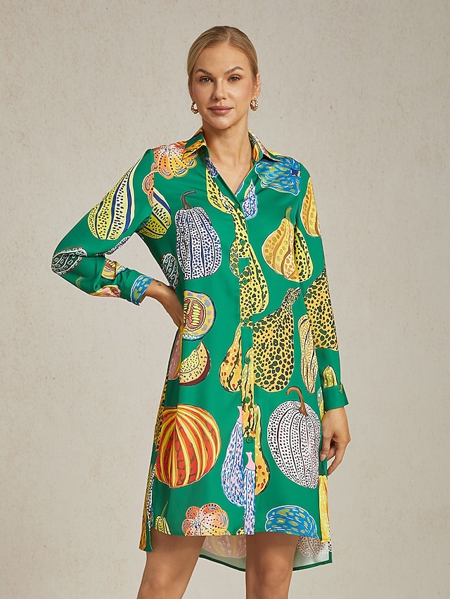abito camicia da donna con stampa zucca verde, scollo a V, vestibilità ampia, orlo asimmetrico, spacco, per vacanza, quotidiano, lavoro, festa, autunno, primavera, estate