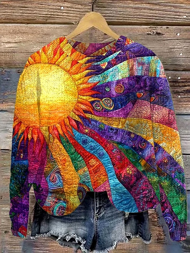  Damen Pullover Mode Lässig Grafik Gestreift Abstrakt Rundhalsausschnitt Patchwork Blumen Gestrickt Langarm Normale Oberteile Stricken Arbeit Regenbogen Herbst Winter