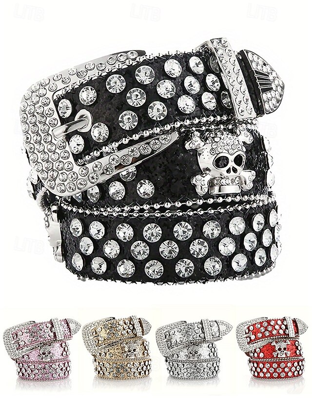  Ceinture unisexe Halloween en strass avec tête de mort – Accessoire de taille en similicuir punk rock scintillant pour fêtes, concerts et costumes