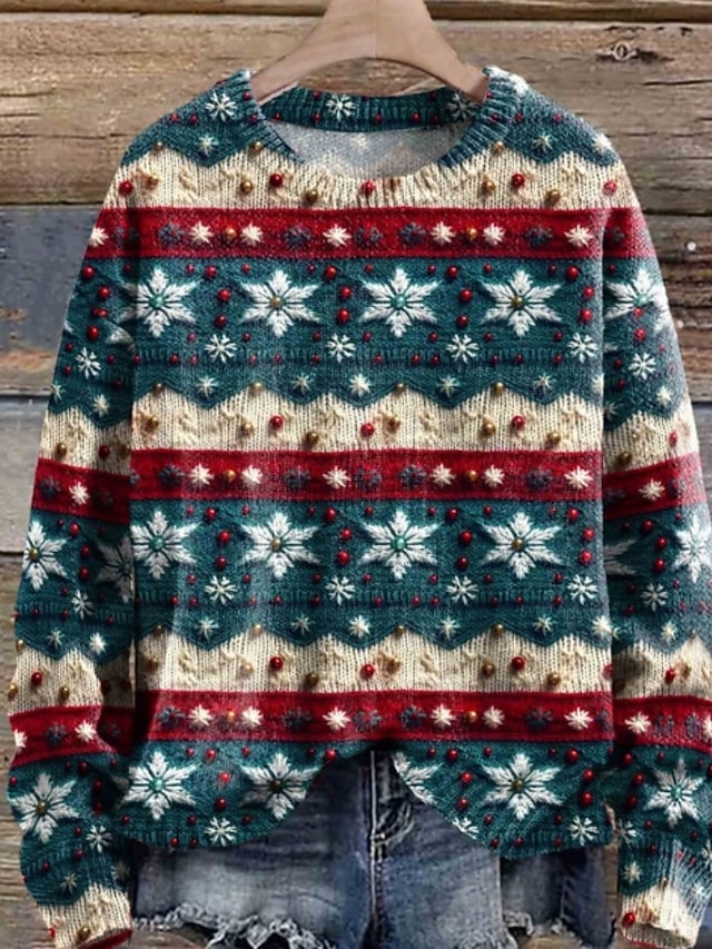 Γυναικεία Πουλόβερ Καθημερινό Μαλακή Νιφάδες χιονιού Κοτλέ Στρογγυλή Ψηλή Λαιμόκοψη Πλεκτό Στάμπα Μακρυμάνικο Κανονικά μπλουζάκια Πλέκω Χριστούγεννα ΕΞΩΤΕΡΙΚΟΥ ΧΩΡΟΥ Καθημερινά Κίτρινο Κρασί