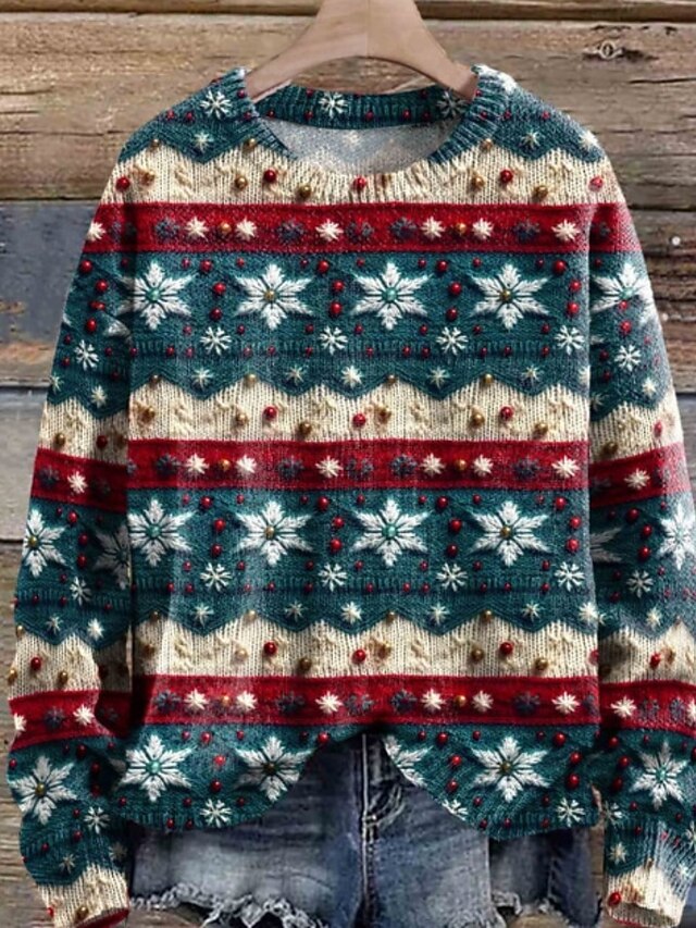 Women's Sweater Casual Soft Snowflakes Ribbed Crew Neck Knitted Print Long Sleeve Regular Tops Knit Christmas Outdoor Daily Yellow Wine Fall Winter4