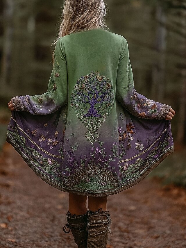 Women's Winter Coat Trench Coat Lightweight Comfortable Print Open Front Vintage Fashion Casual Floral Vacation Casual Long Collarless Regular Fit Long Sleeve Outerwear Green Spring Fall3