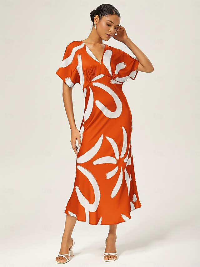Women's Maxi Dress Satin Abstract Placement Print Dolman Sleeve V Neck Waist Tie Elegant Casual Vacation Spring Summer Fall4