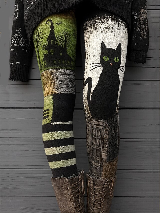 Women's Leggings Vacation Vintage Ethnic Style Full Length High WaistPantsHalloween Graphic Animal Cat 3D Print Quick Dry Breathability Soft Stretchy Formal Outdoor Vacation Dark Grey Orange Green4