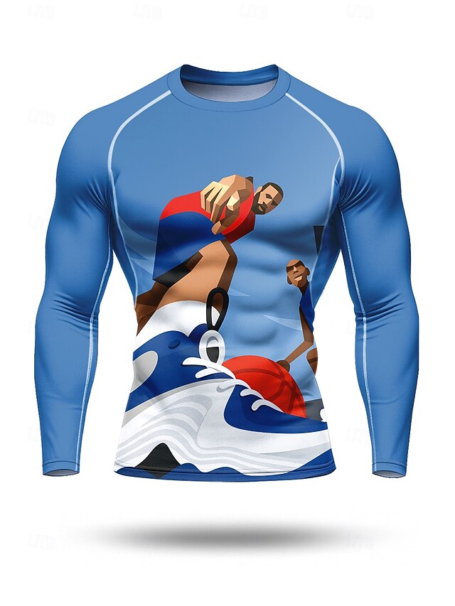 Men's Compression Shirt Running Shirt 3D Print Long Sleeve Base Layer Geometry Quick Dry Compression Power Flex Moisture Wicking Gym Workout Active Training Exercise Sportswear Activewear Blue4