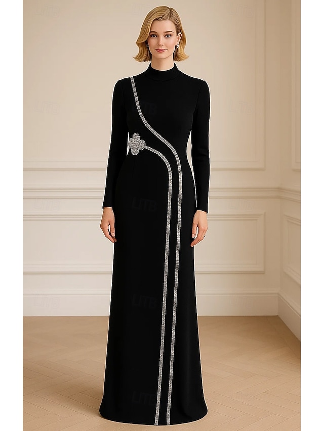  Robe de soirée fourreau / colonne ornée de cristaux, cravate noire, élégante robe de soirée formelle, longueur au sol, manches longues, col haut avec cristaux 2025
