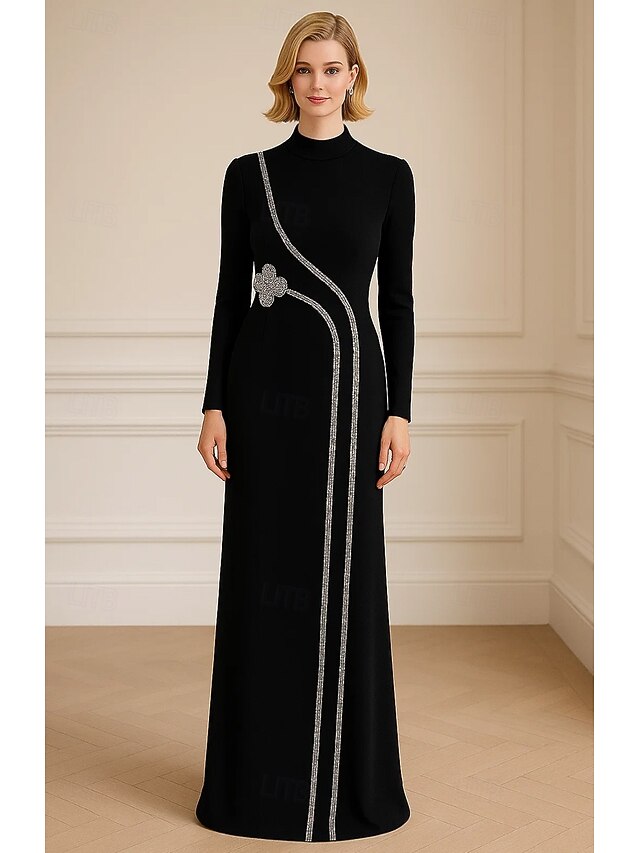 Black Tie Crystal-embellished Sheath / Column Evening Gown Elegant Formal Dress Formal Wedding Floor Length Long Sleeve High Neck with Crystals 20254